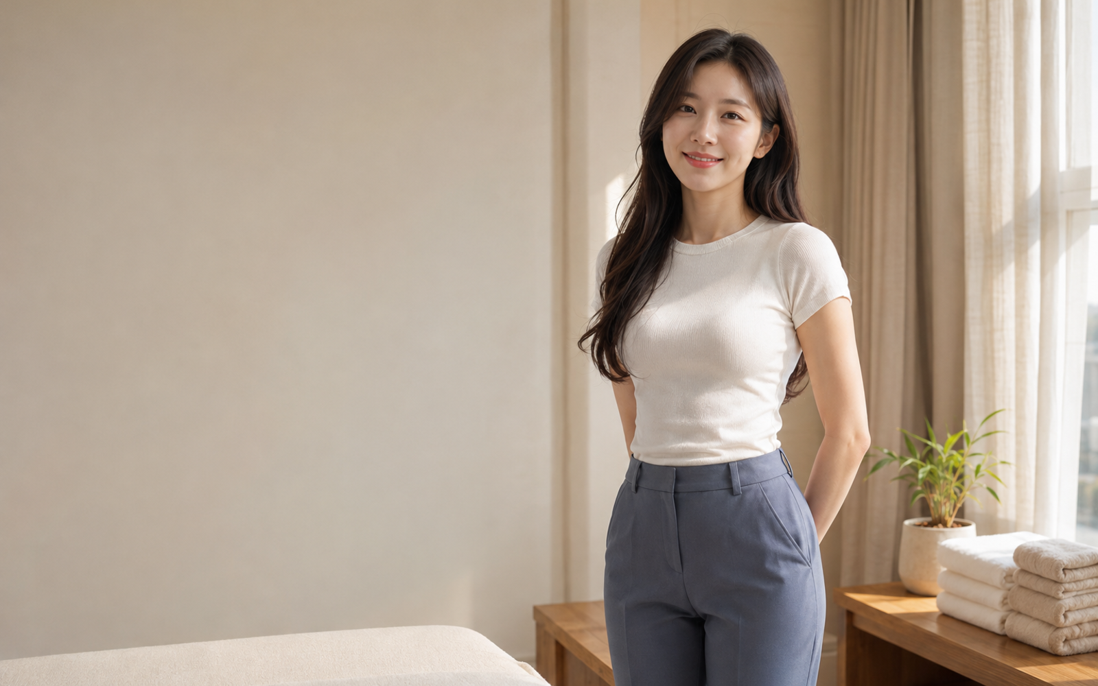 성남 위례 방문 홈케어를 안내하는 젊은 성인 한국 여성 관리사